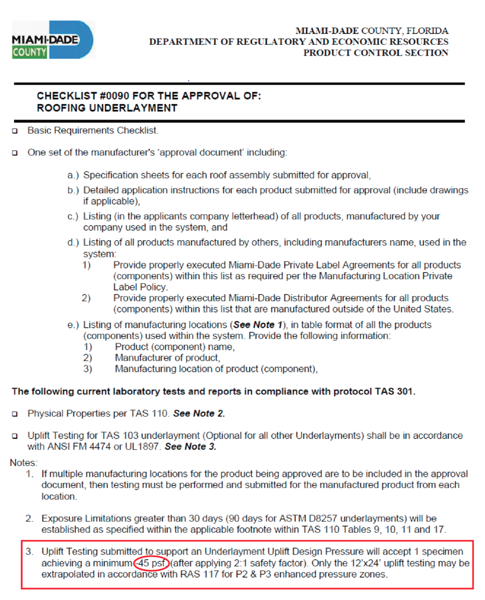 Miami-Dade Checklist 90 for the Approval of Roofing Under