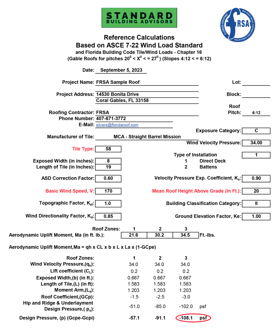 Standard Building Advisors Wind Uplift Calculation for Miami-Dade Property