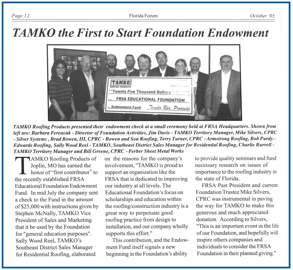 TAMKO Donation Initiates FRSA Foundation Endowment