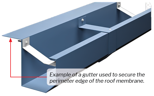 Example of a gutter used to secure the perimeter edge of the roof membrane.