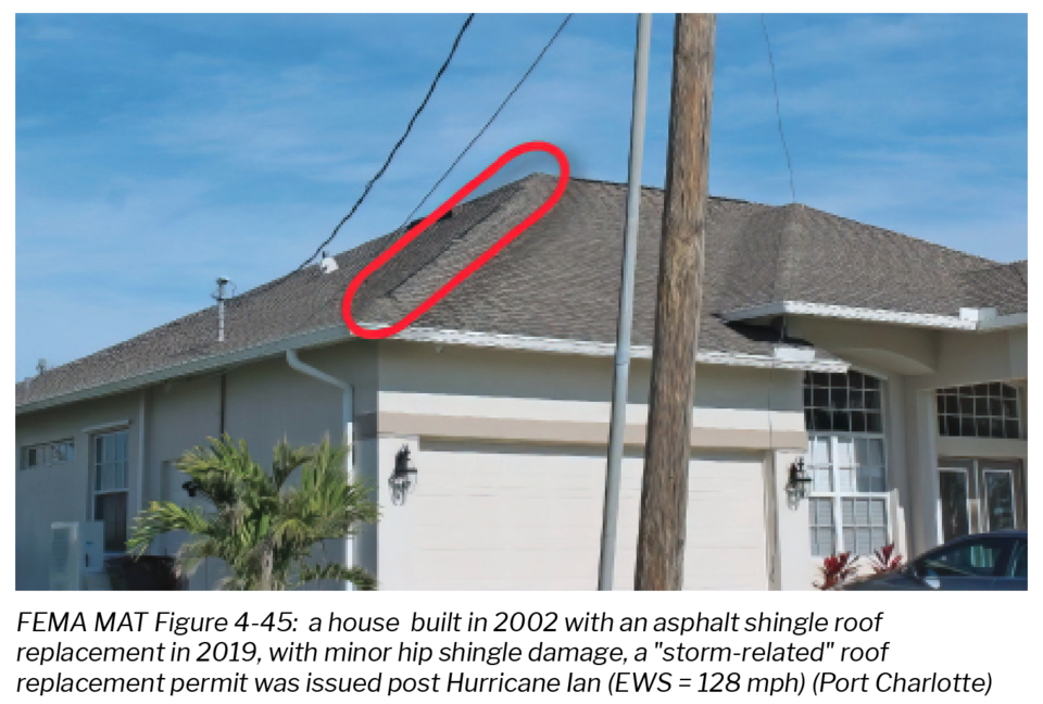 FEMA MAT Figure 4-45: a house built in 2002 with an asphalt shingle roof replacement in 2019, with minor hip shingle damage, a "storm-related" roof replacement permit was issued post Hurricane Ian (EWS = 128 mph) (Port Charlotte)